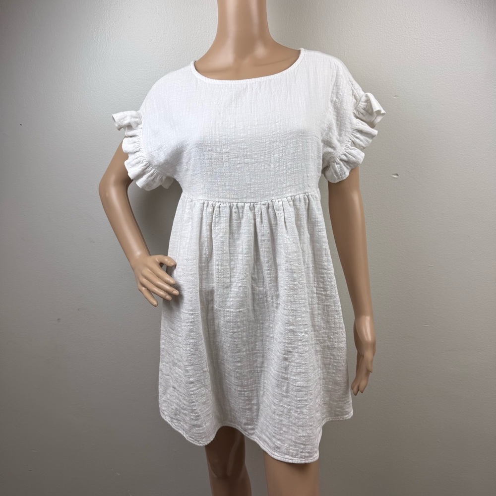 Billabong Women’s White Ruffle Sleeve Baby Doll Dress Size M Boho Textured Beach